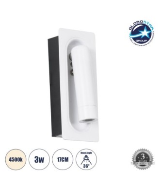 GLOBOSTAR® MANHATTAN 61098 Μοντέρνο Φωτιστικό Τοίχου - Απλίκα Ξενοδοχείου Reading Light LED 3W 405lm 36° AC 220-240V IP20 Φυσικό Λευκό 4500K - Bridgelux COB Chip & TÜV SÜD Driver - Λευκό - Μ7 x Π7 x Υ17cm - 3 Χρόνια Εγγύηση